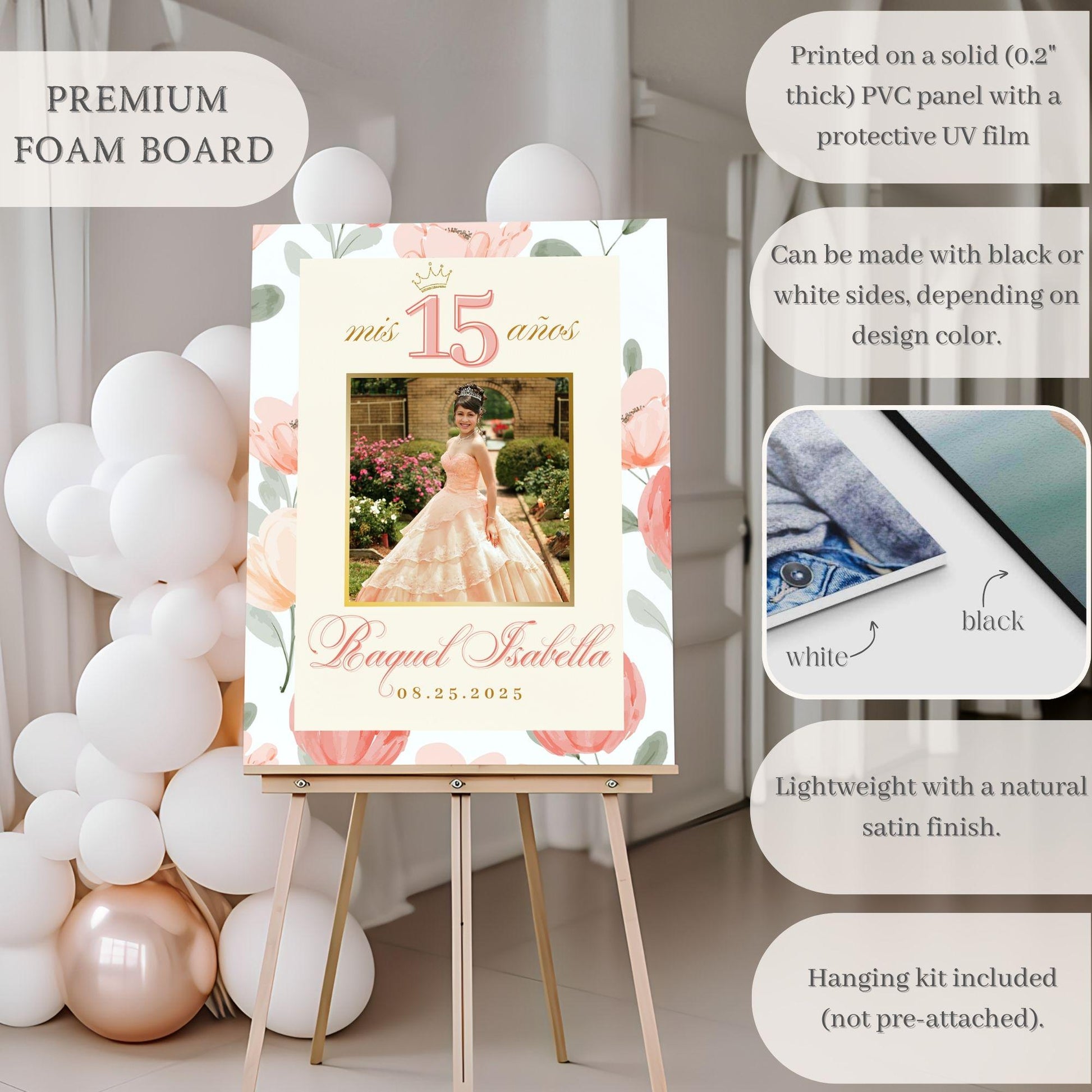 Pink Floral Custom Photo Quinceañera Welcome Sign - Magnolia Dane Co.