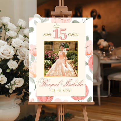 Pink Floral Custom Photo Quinceañera Welcome Sign - Magnolia Dane Co.