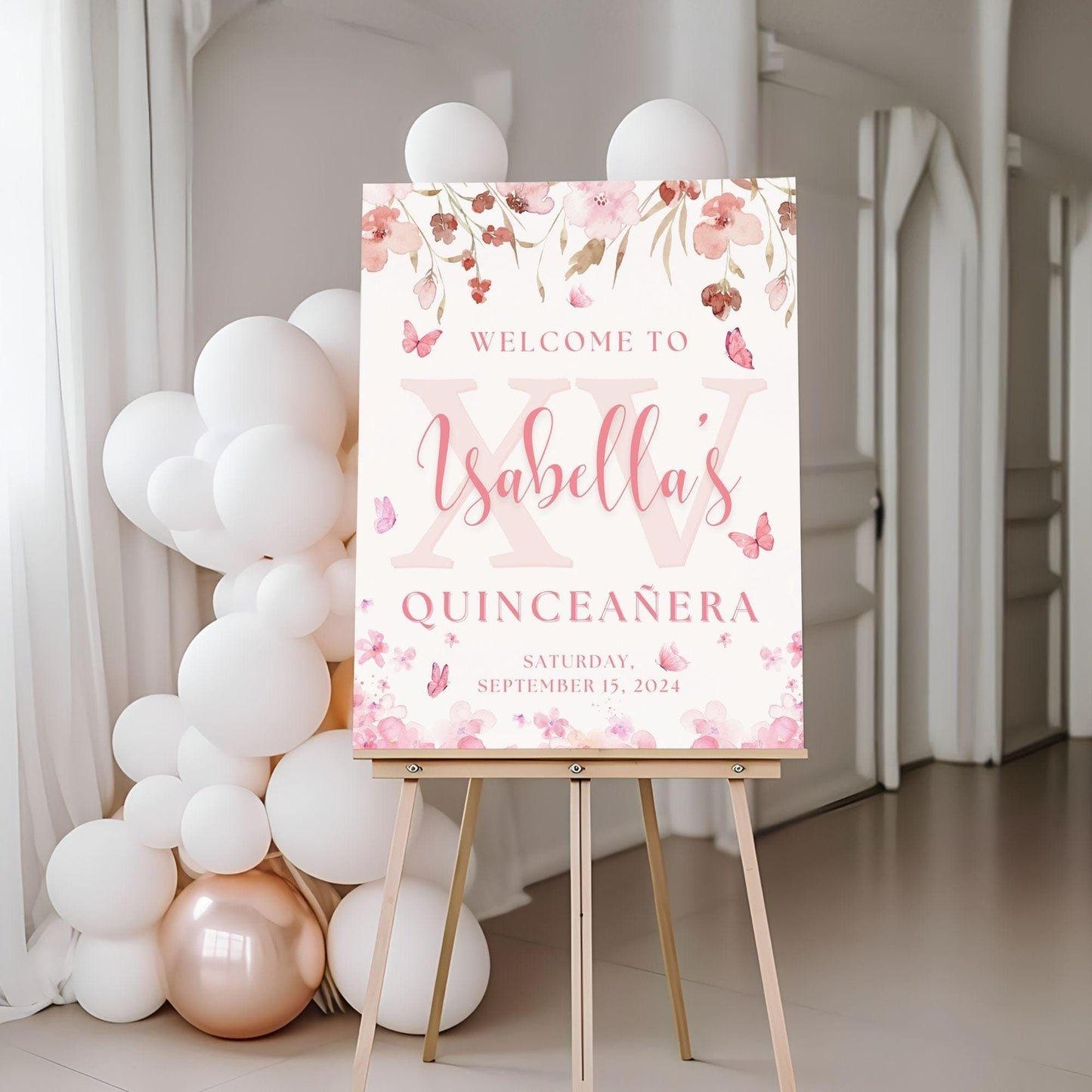 Pink Floral XV Quinceañera Welcome Sign - Magnolia Dane Co.