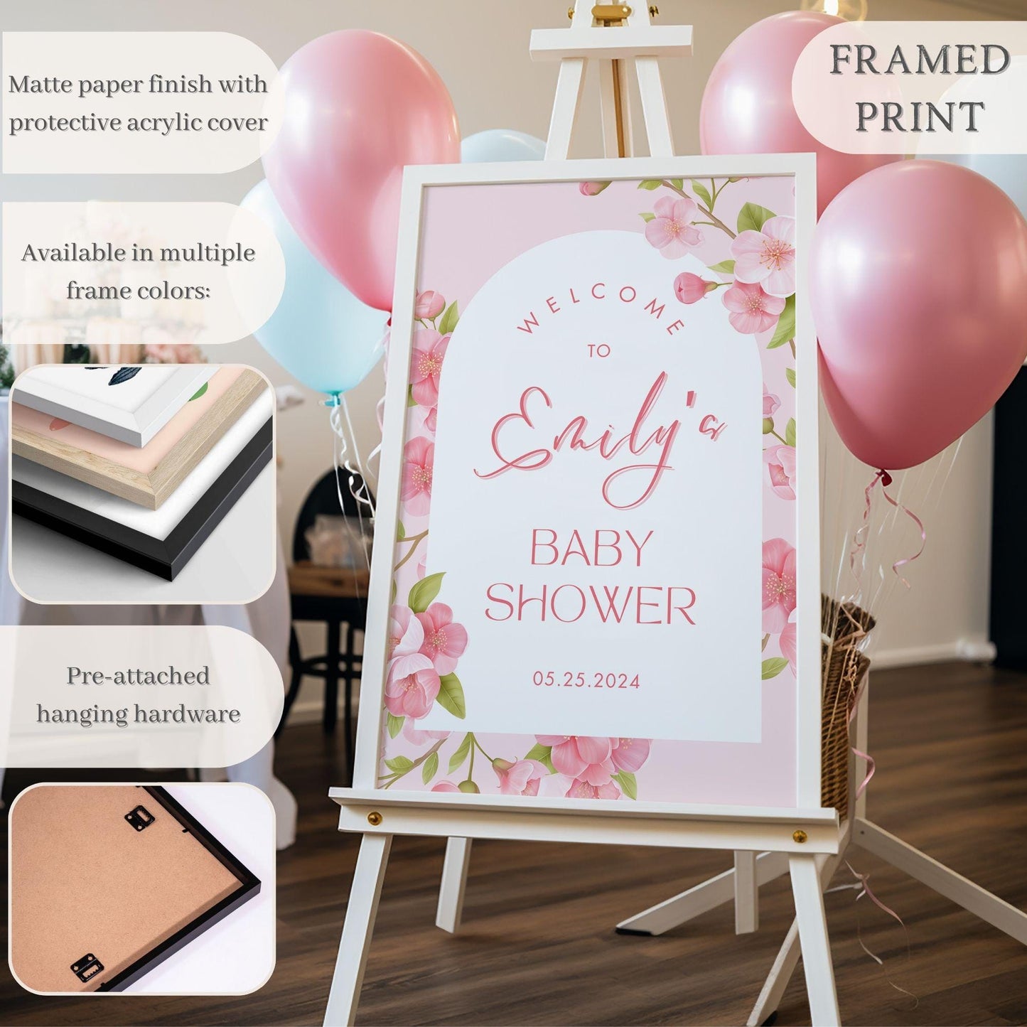 Pink Cherry Blossoms Arched Baby Shower Welcome Sign - Magnolia Dane Co.