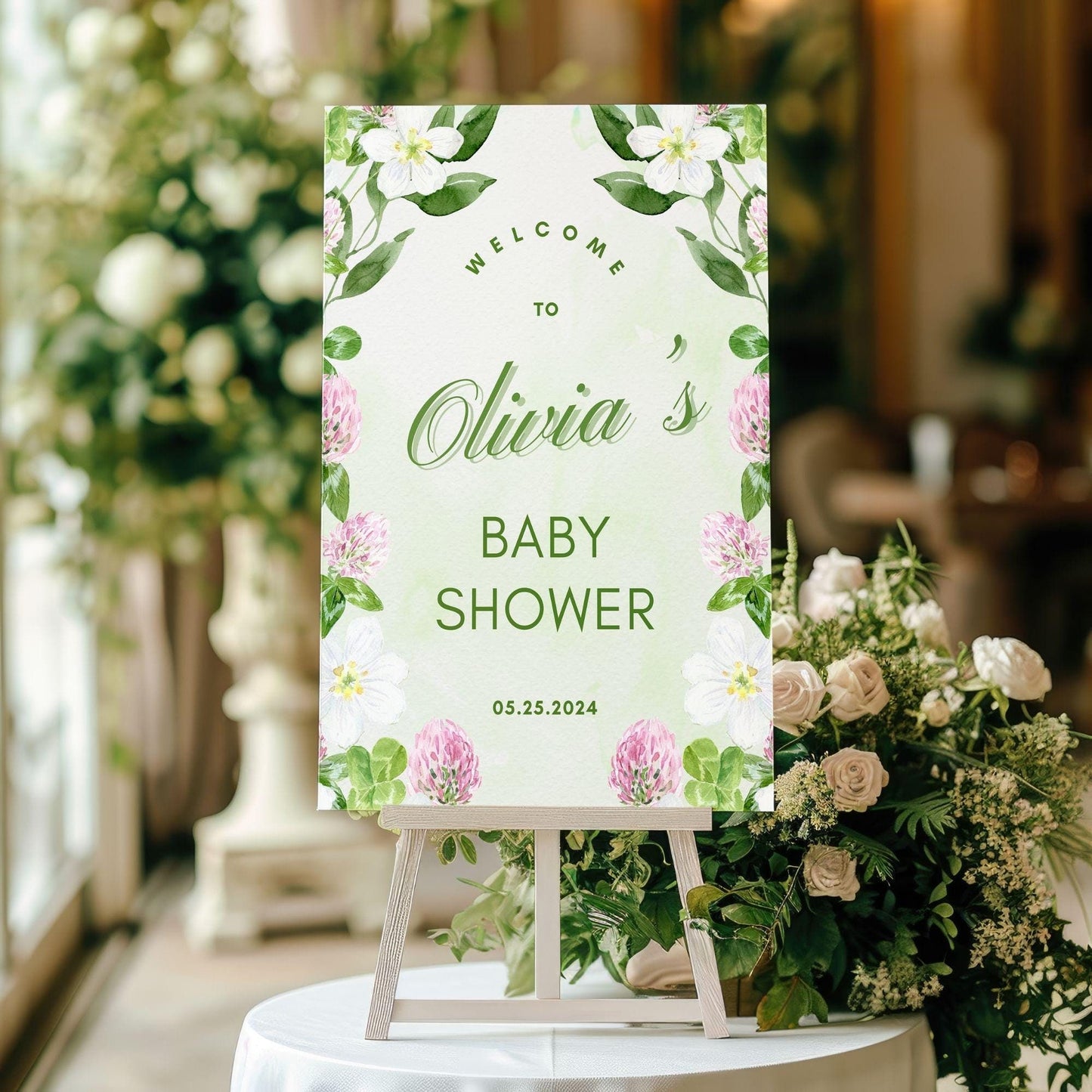 Green and Pink Floral Baby Shower Welcome Sign - Magnolia Dane Co.