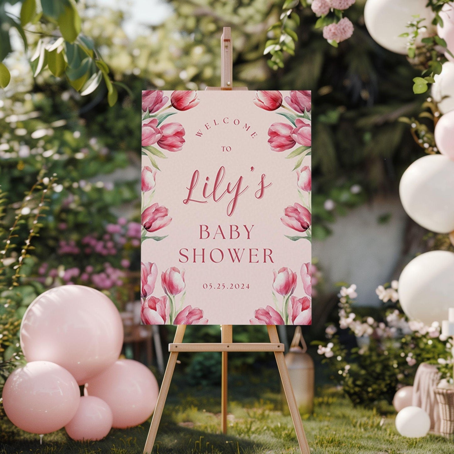 Pink Tulip Baby Shower Welcome Sign