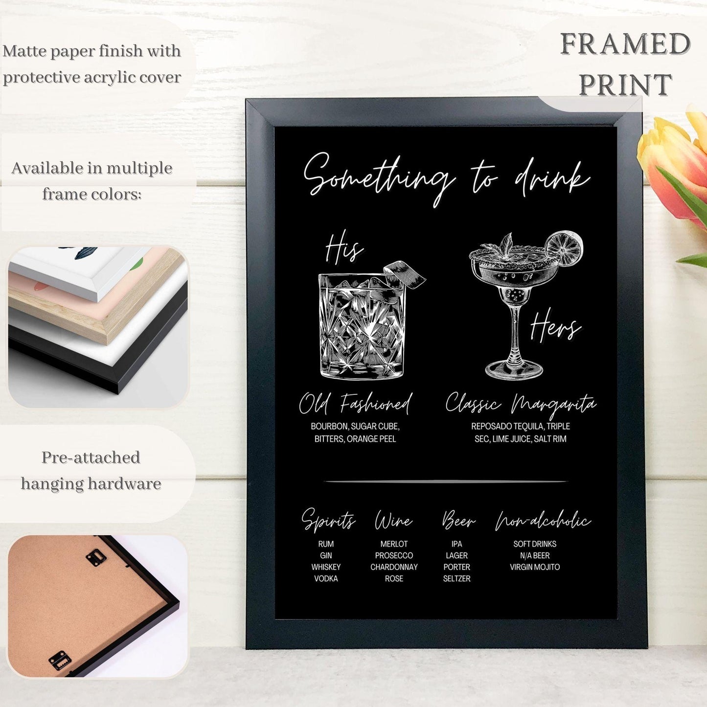 Black and White Vintage Style Signature Drink Wedding Bar Menu Sign