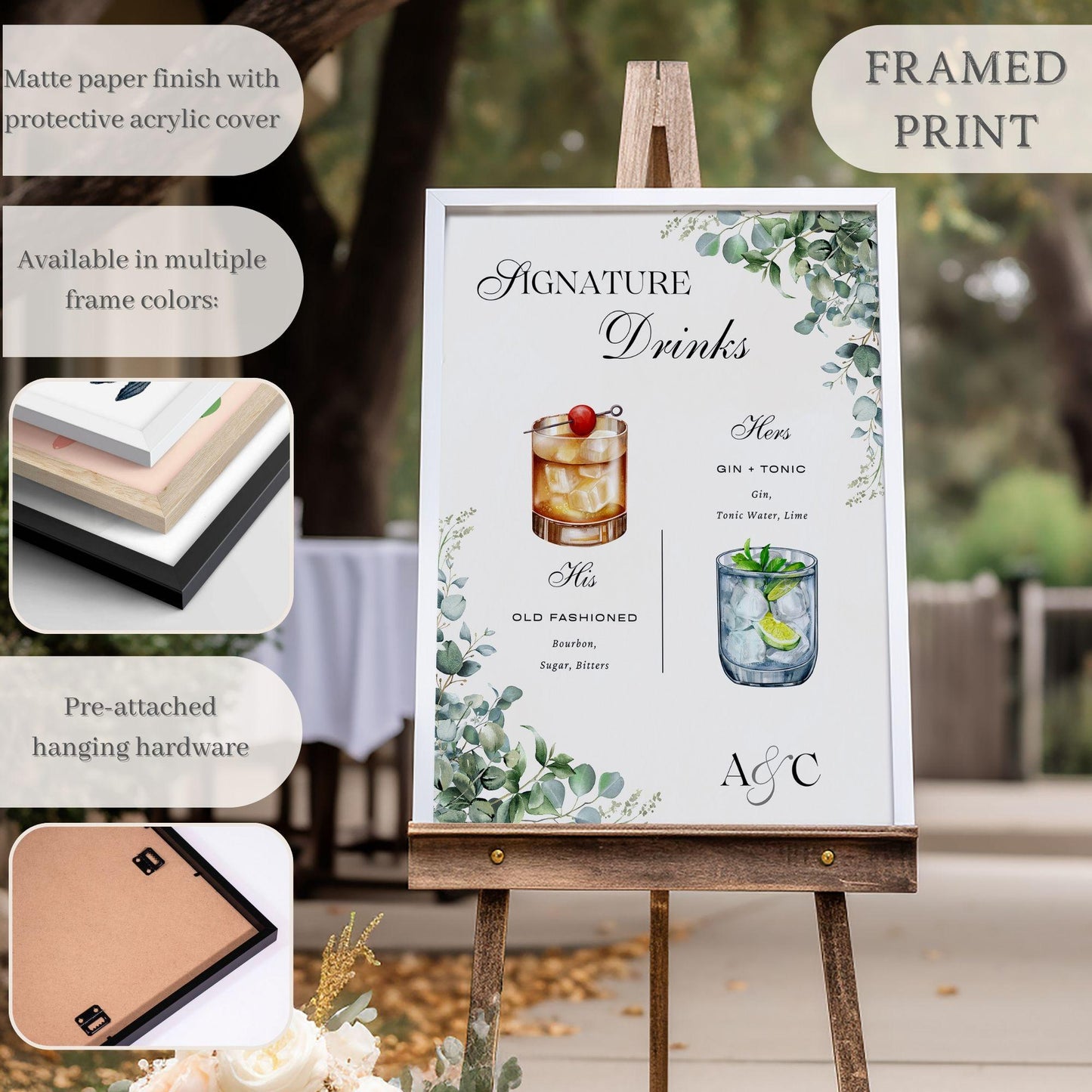 Boho Leaves Signature Drink Wedding Bar Menu Sign - Magnolia Dane Co.