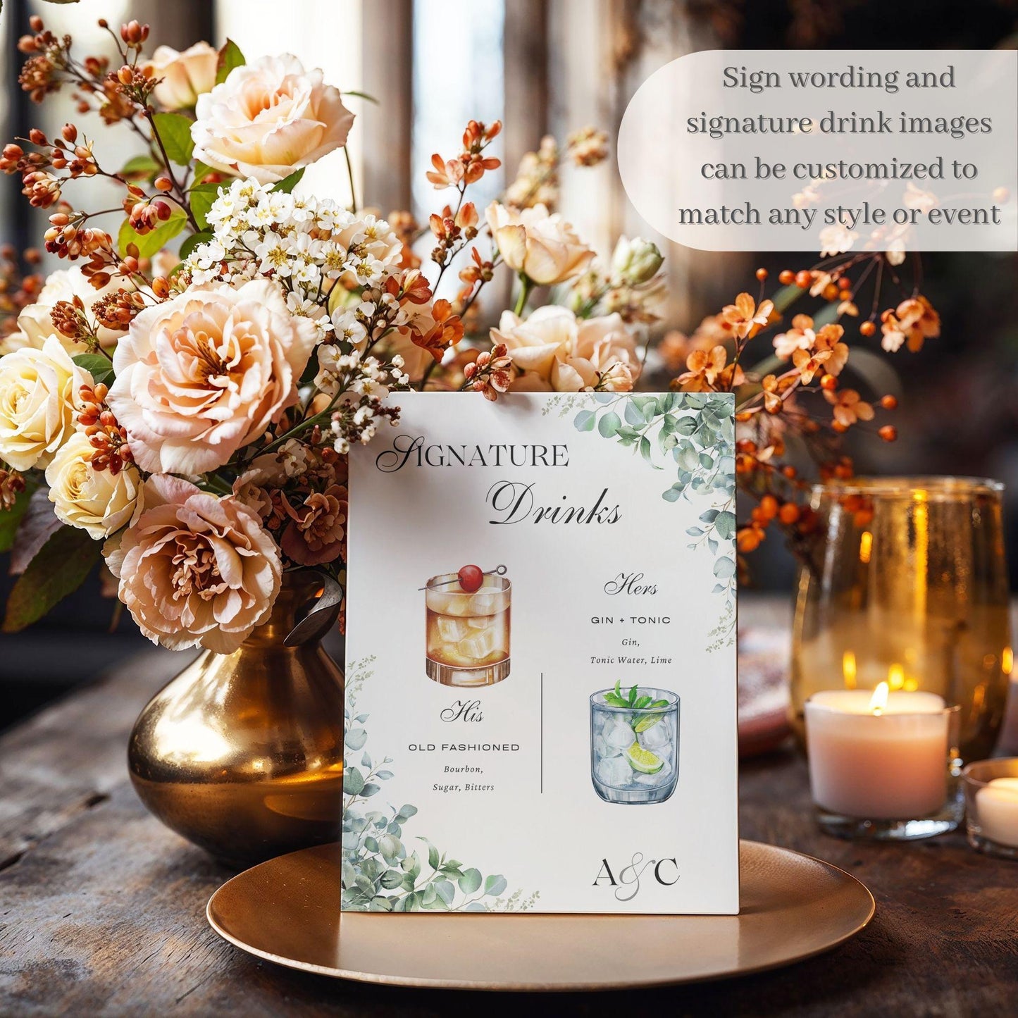 Boho Leaves Signature Drink Wedding Bar Menu Sign - Magnolia Dane Co.