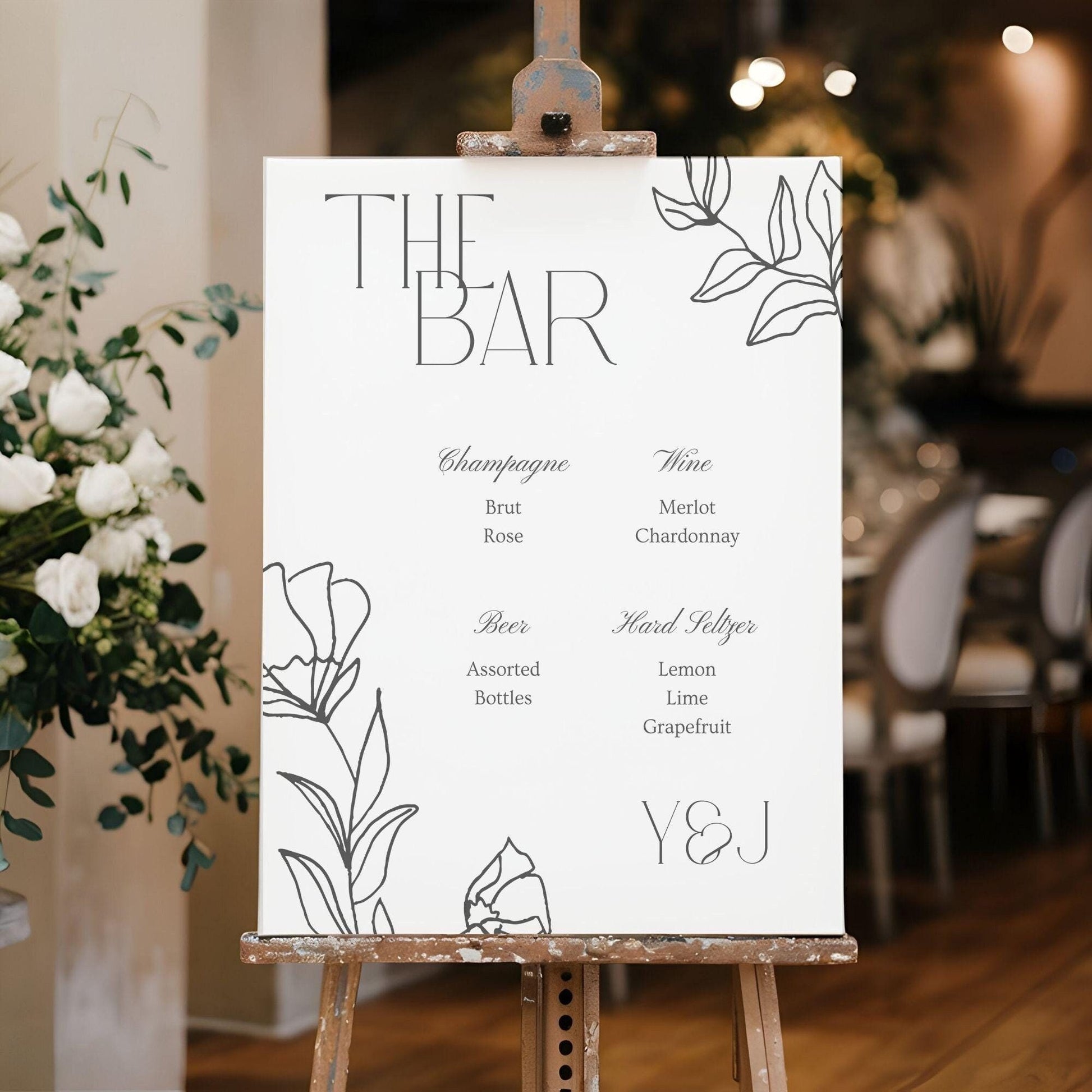 Line Floral Signature Drink Wedding Bar Menu Sign - Magnolia Dane Co.