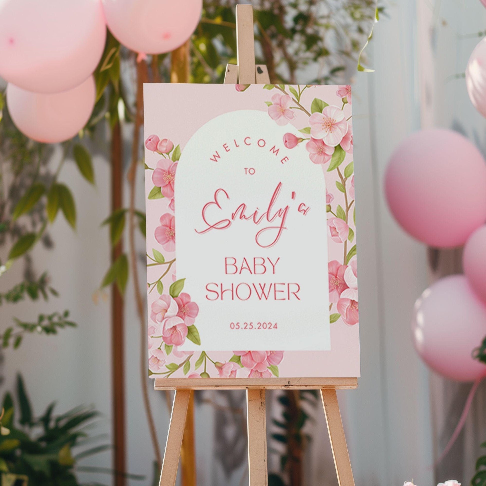 Pink Cherry Blossoms Arched Baby Shower Welcome Sign - Magnolia Dane Co.