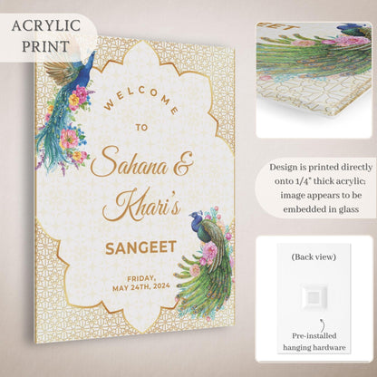 Gold Peacock Indian Wedding Welcome Sign for Mehndi, Sangeet, Haldi etc.