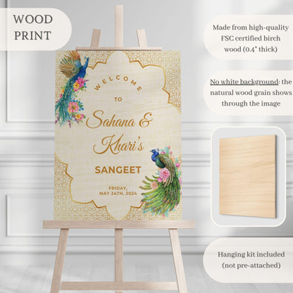 Gold Peacock Indian Wedding Welcome Sign for Mehndi, Sangeet, Haldi etc.