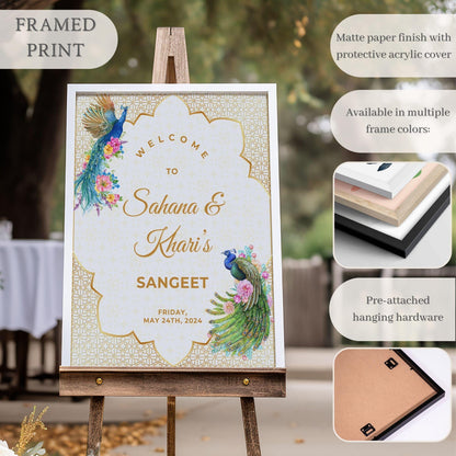 Gold Peacock Indian Wedding Welcome Sign for Mehndi, Sangeet, Haldi etc.