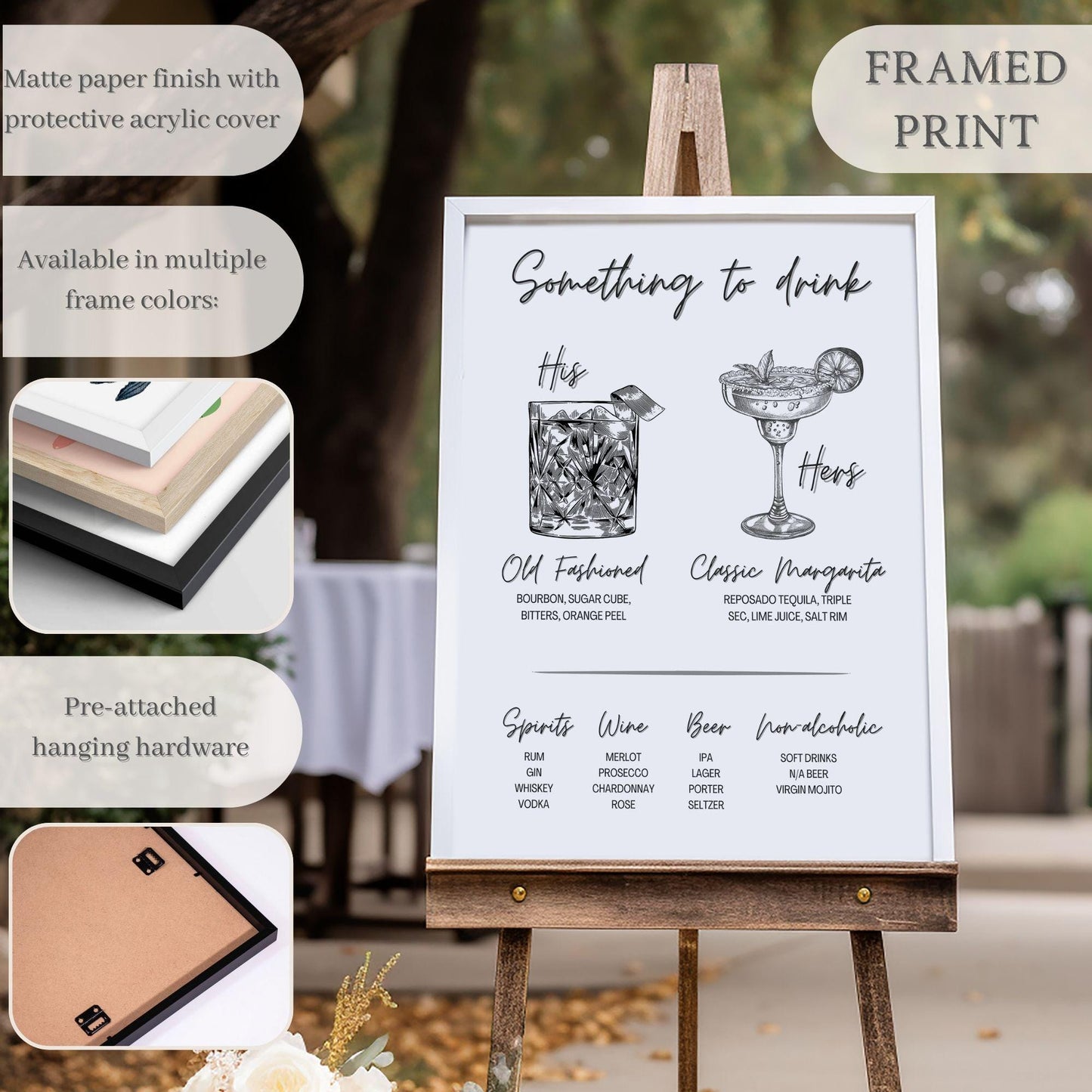 Black and White Vintage Style Signature Drink Wedding Bar Menu Sign