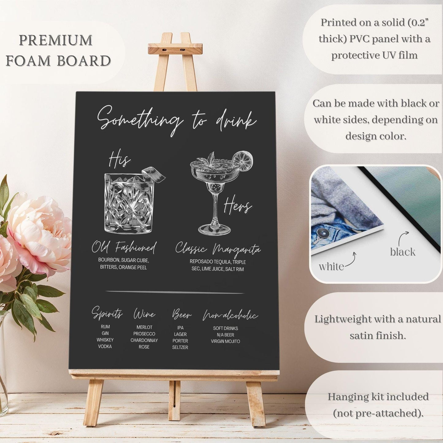 Black and White Vintage Style Signature Drink Wedding Bar Menu Sign