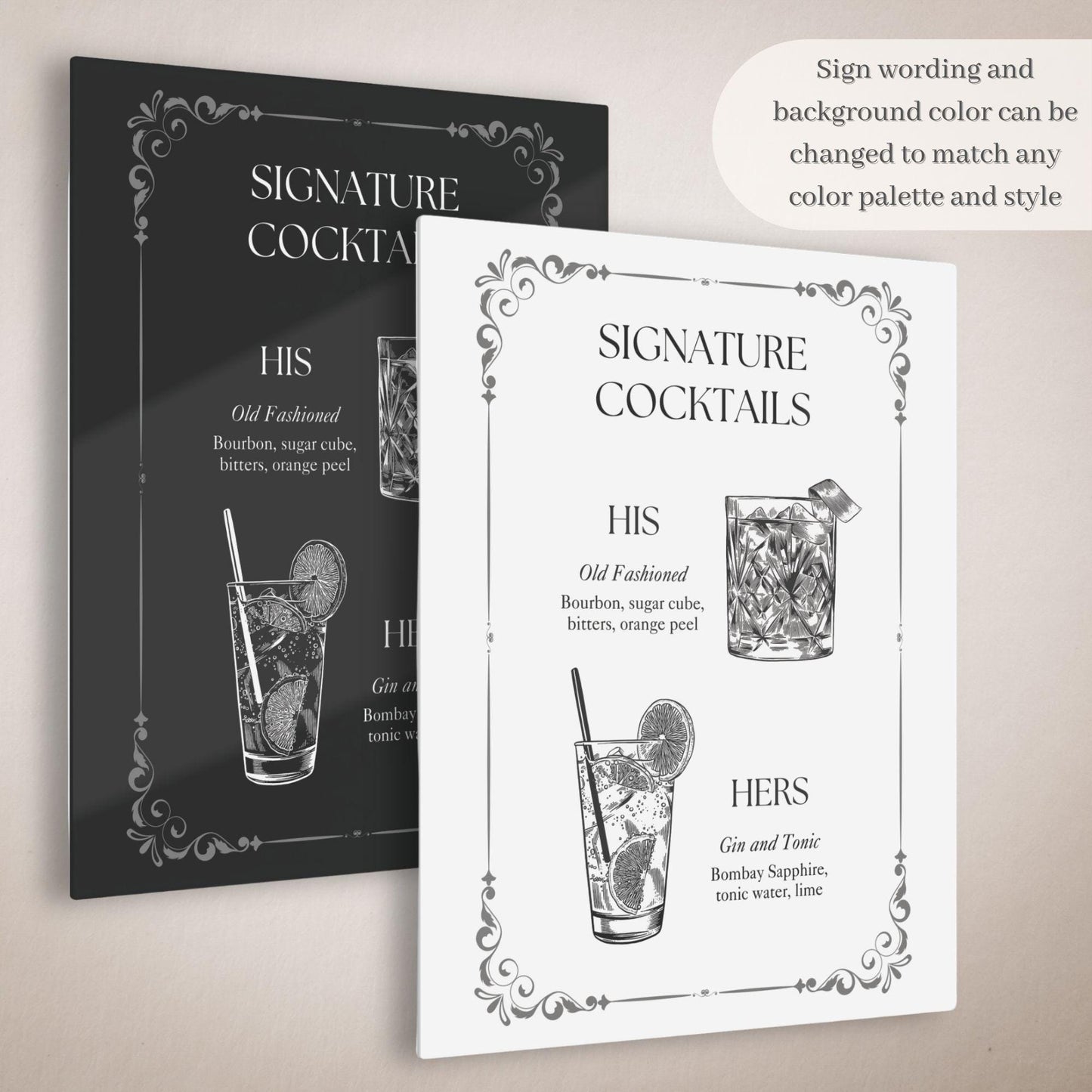 Black and White Vintage Style Signature Drink Wedding Bar Menu Sign - Magnolia Dane Co.