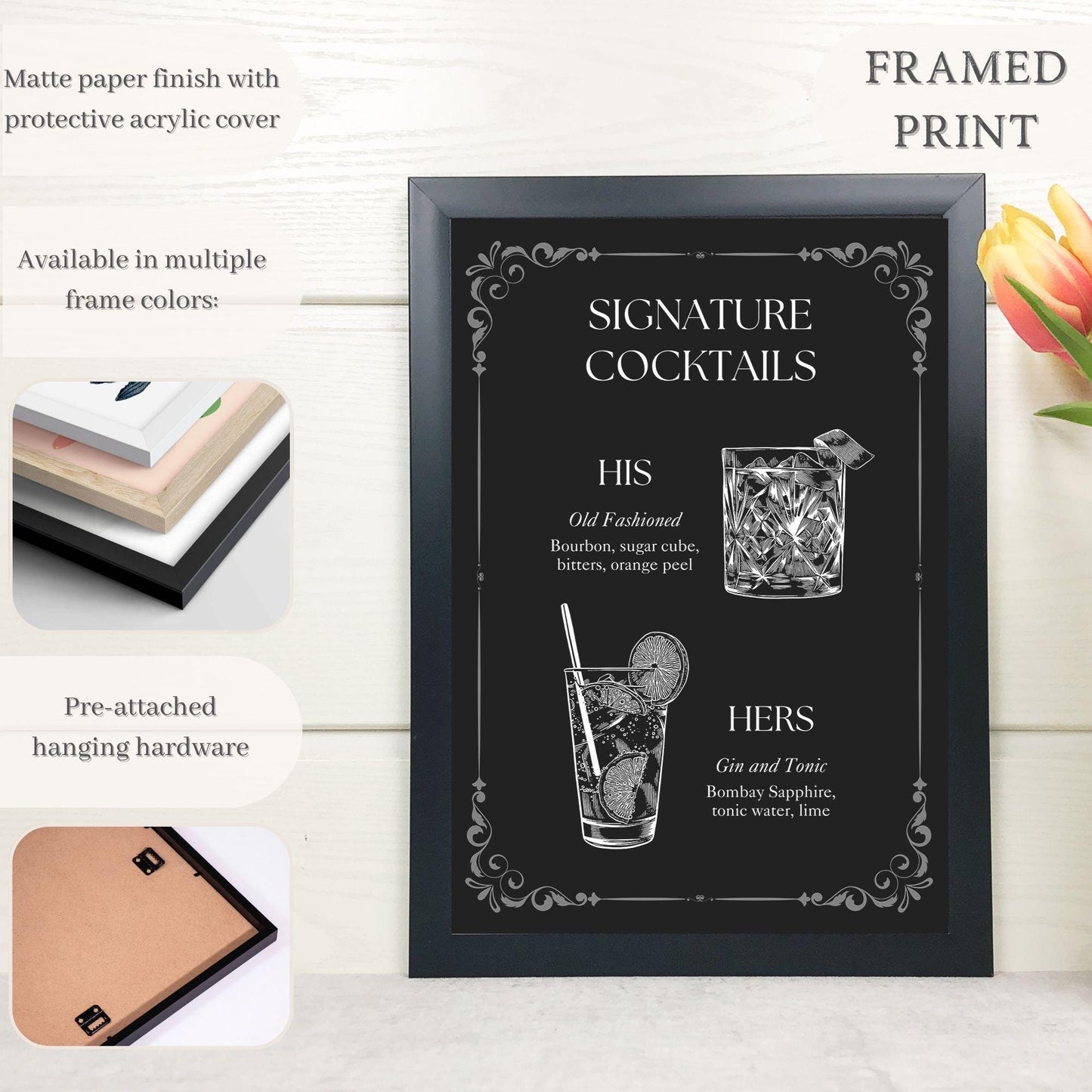 Black and White Vintage Style Signature Drink Wedding Bar Menu Sign - Magnolia Dane Co.