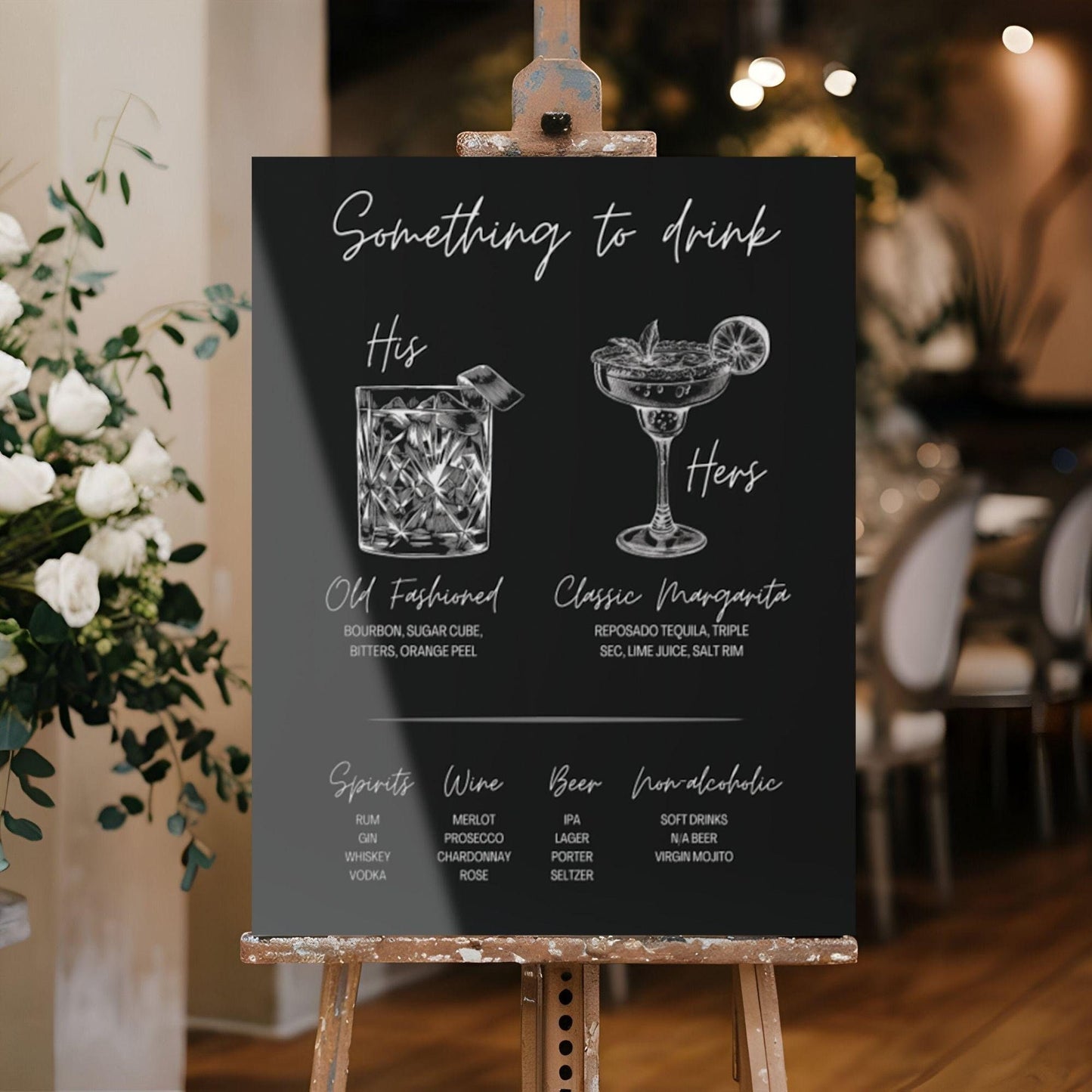 Black and White Vintage Style Signature Drink Wedding Bar Menu Sign