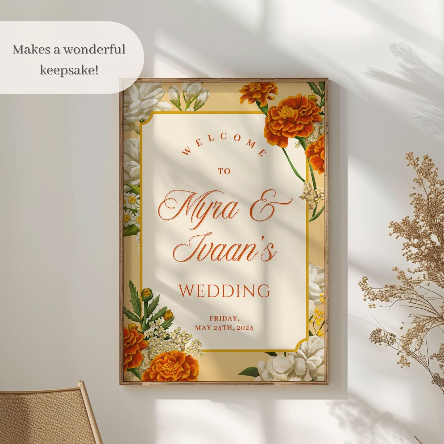 Marigolds Indian Wedding Welcome Sign for Mehndi, Sangeet, Haldi etc.